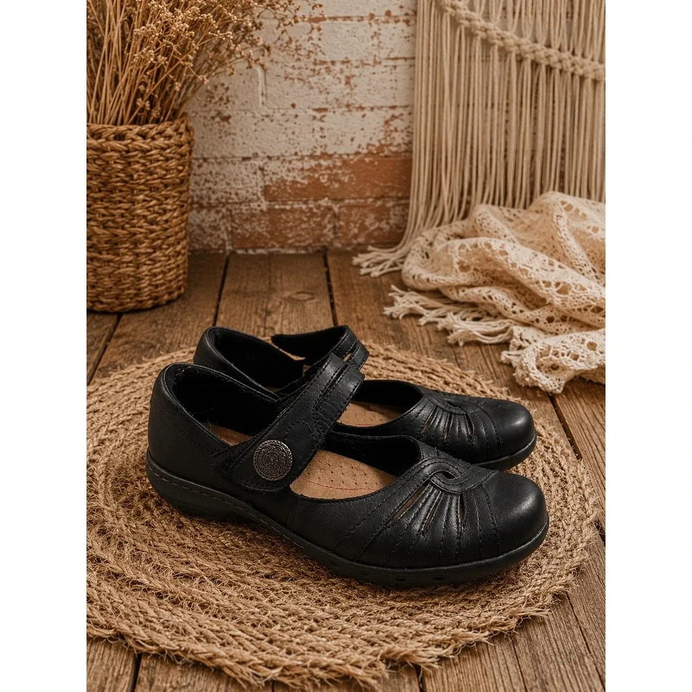 Y2K Rockport Cobb Hill Black Leather Mary Jane Flats 7 Boho Cottagecore Preppy